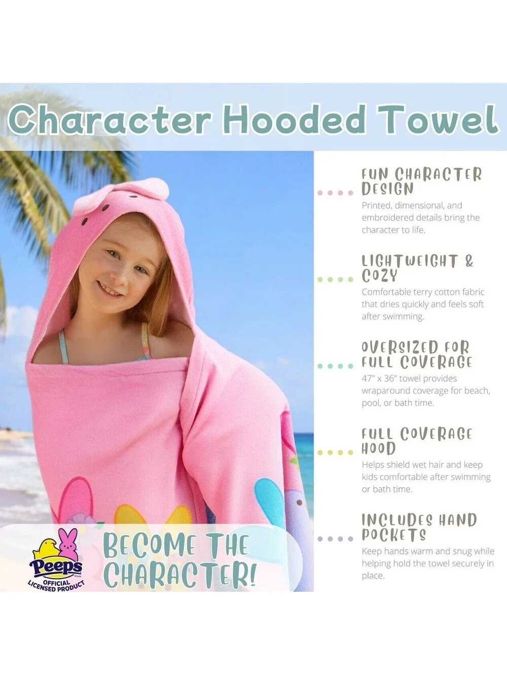 Peeps Kids Character 100% Cotton Hooded Towel With Hand Pockets